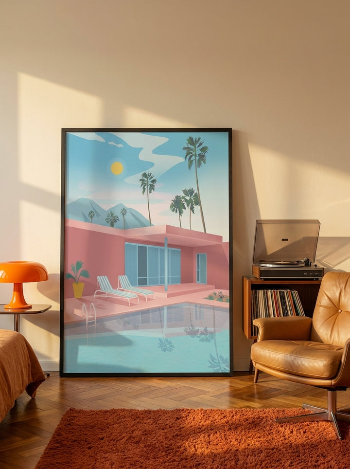 Oversized statement modern wall art print leaning against the wall in a retro 70s bedroom