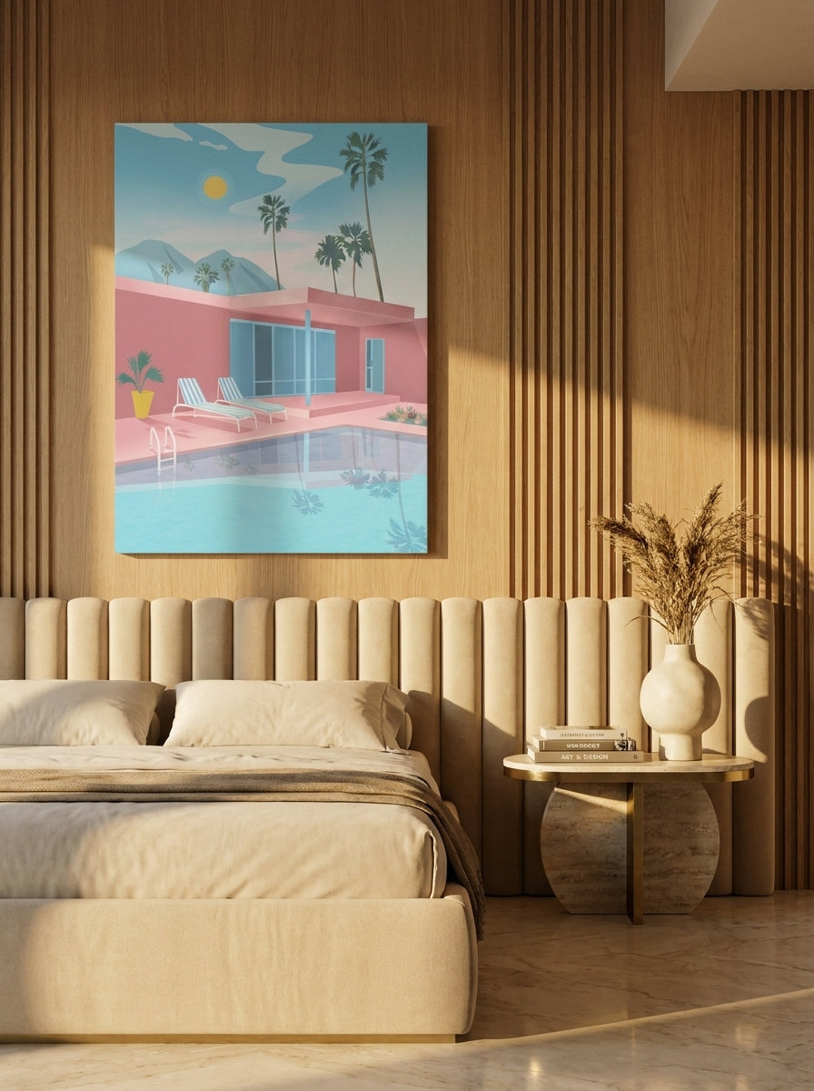Stretched canvas wall art styled on the wall in a luxe bedroom