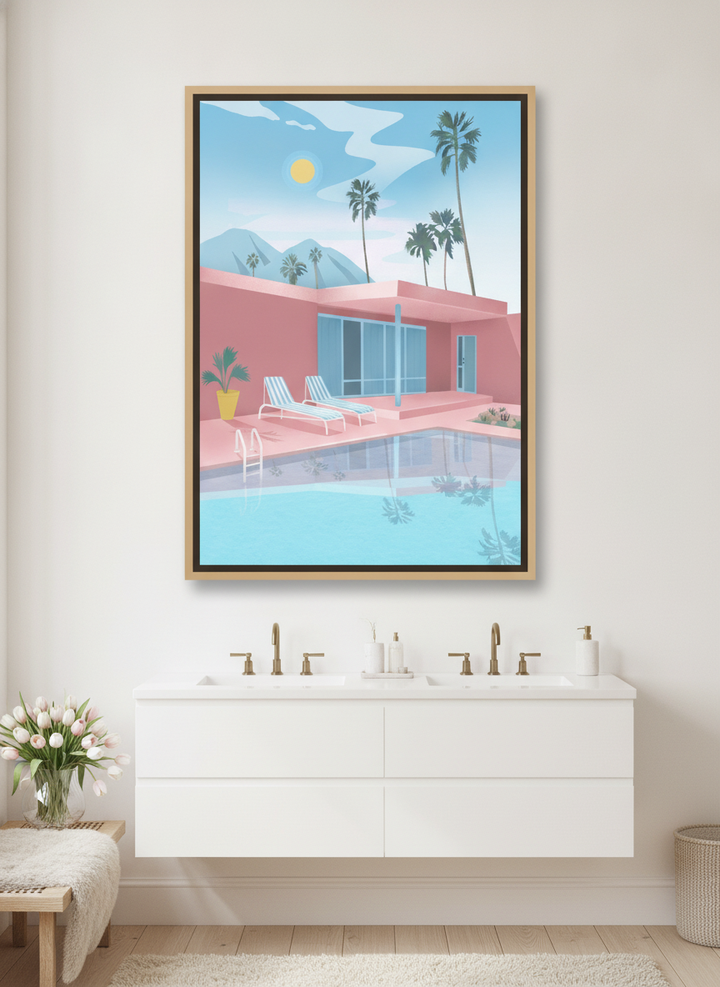 Oversized statement canvas wall art with a natural timber surround styled on the wall in a bright Scandinavian bathroom