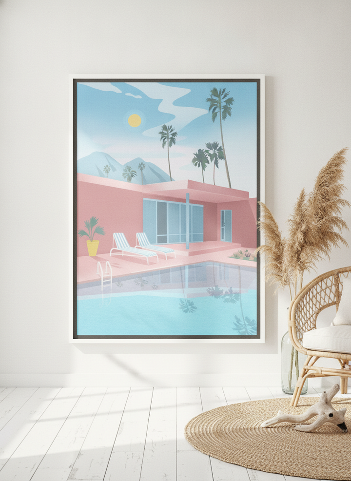 Oversized statement canvas wall art with a white surround leaning against the wall in a coastal bedroom