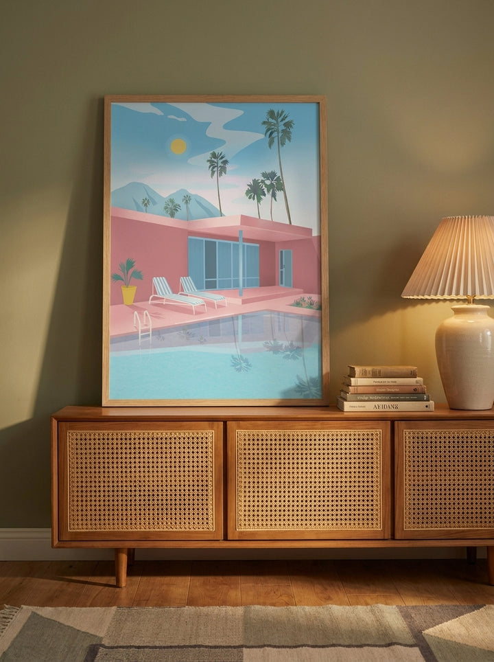 Modern wall art print standing on a sideboard in a mid-century home office