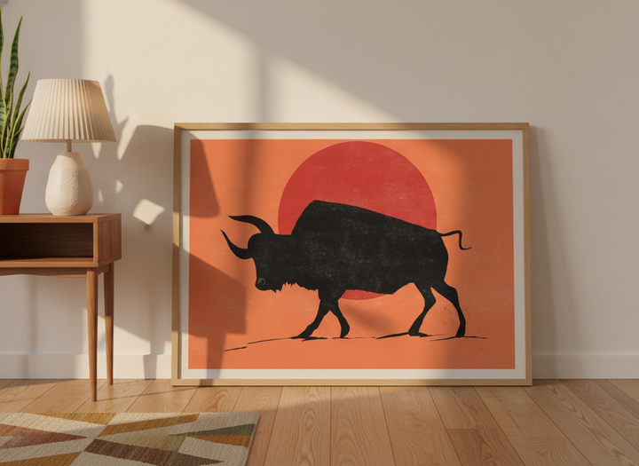 Modern wall art print leaning against the wall in a mid-century bedroom