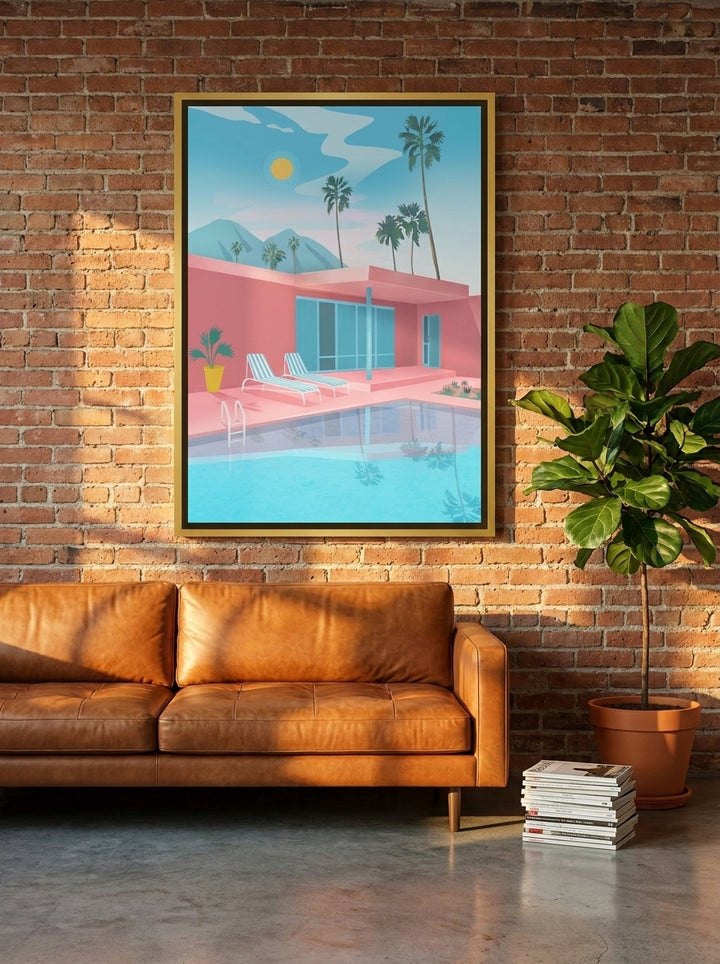 Canvas wall art with a gold leaf surround styled on the wall in an industrial loft living room