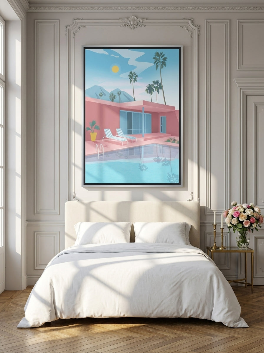 Canvas wall art with a silver leaf surround styled on the wall in a Parisian bedroom