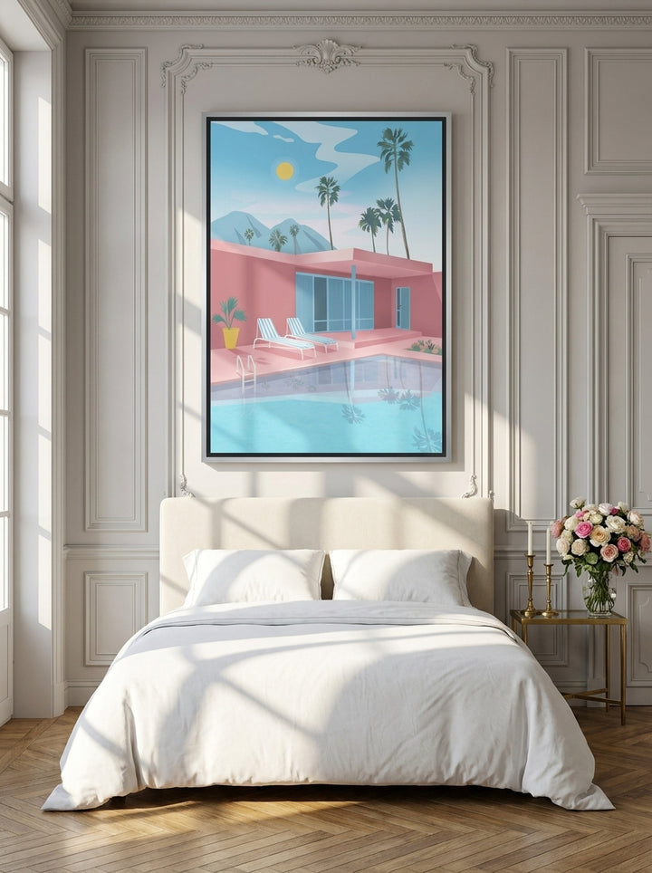 Canvas wall art with a silver leaf surround styled on the wall in a Parisian bedroom