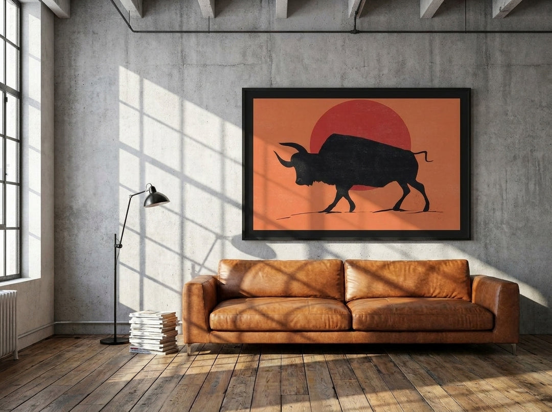 Oversized statement modern wall art print styled on the wall in an industrial loft living room