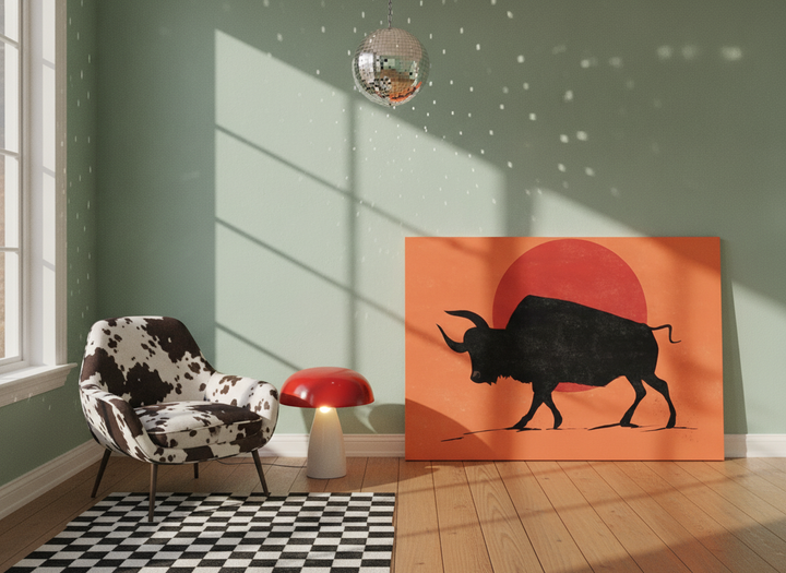 Stretched canvas wall art leaning against the wall in a colourful eclectic dining room