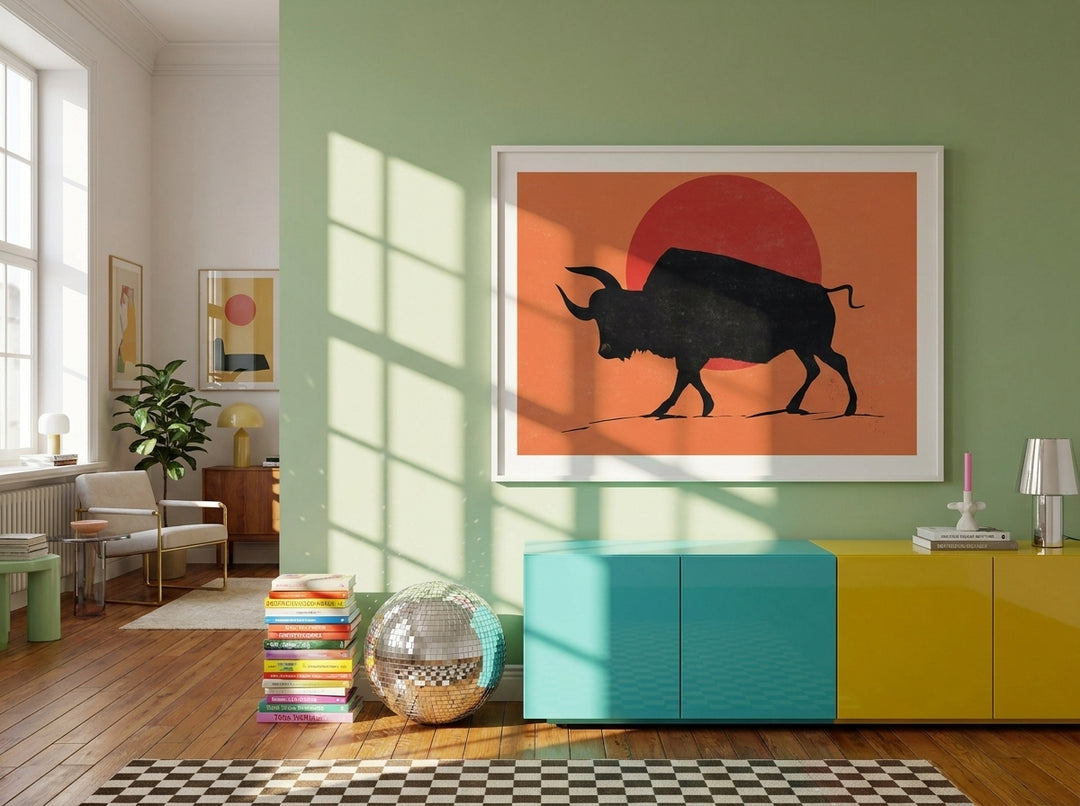 Oversized statement modern wall art print styled on the wall in a colourful eclectic living room