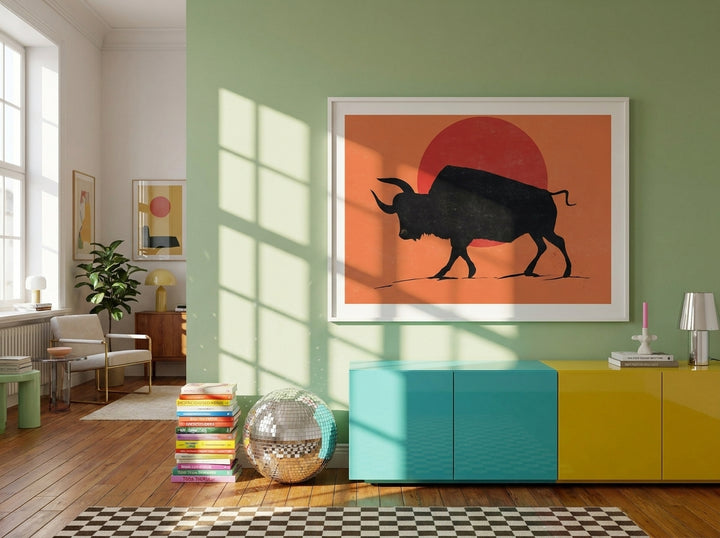 Oversized statement modern wall art print styled on the wall in a colourful eclectic living room