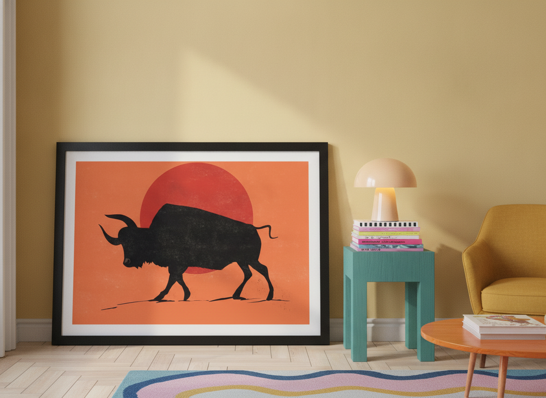 Modern wall art print standing on a side table in a colourful eclectic home office