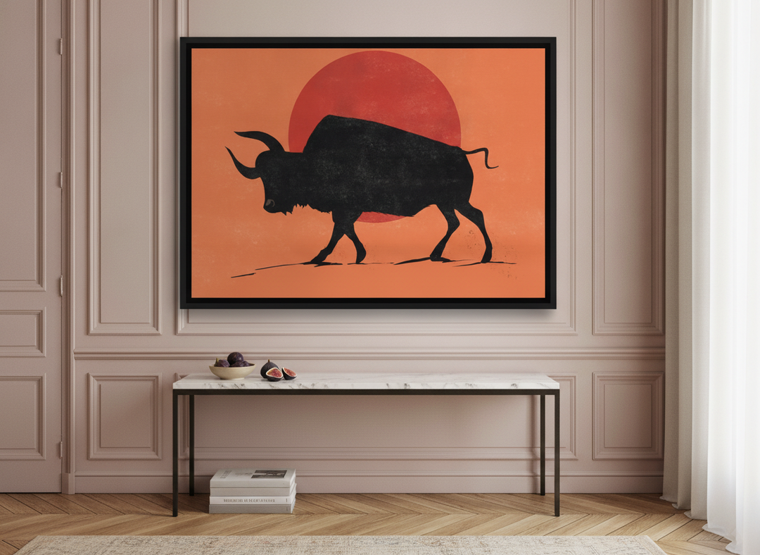 Oversized statement canvas wall art with a black surround styled on the wall in a Parisian living room