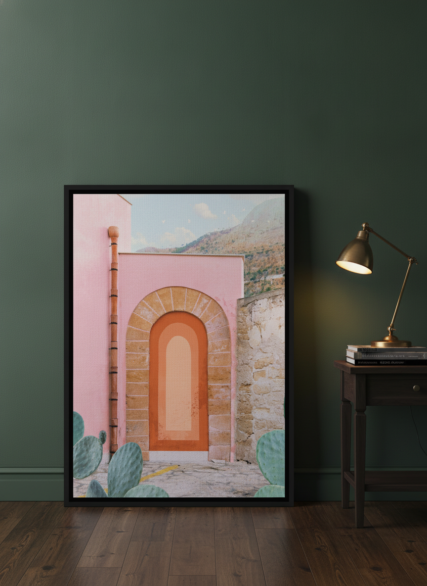 Canvas wall art with a black surround leaning against the wall in a moody dining room