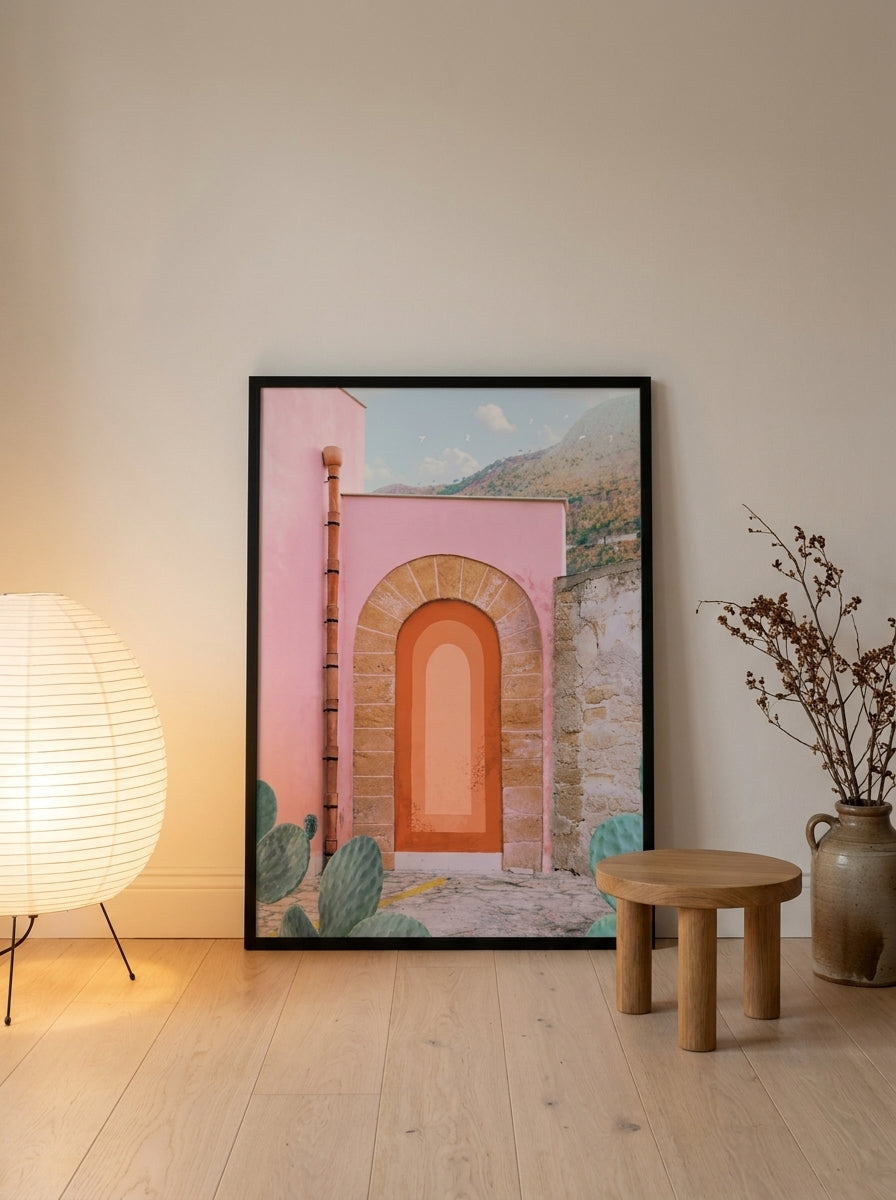 Modern wall art print leaning against the wall in a warm Japandi home office