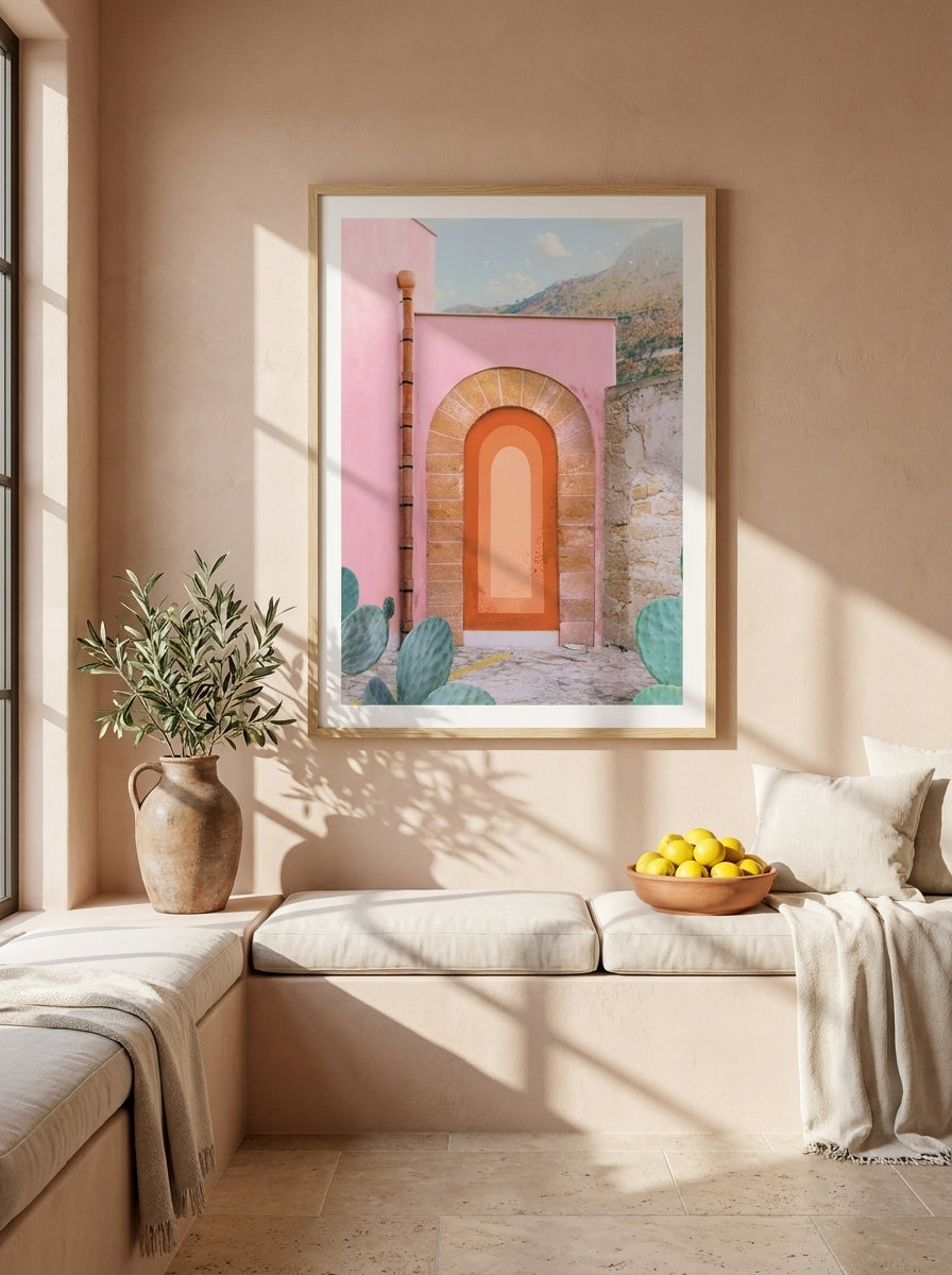 Modern wall art print styled on the wall in a Mediterranean living room