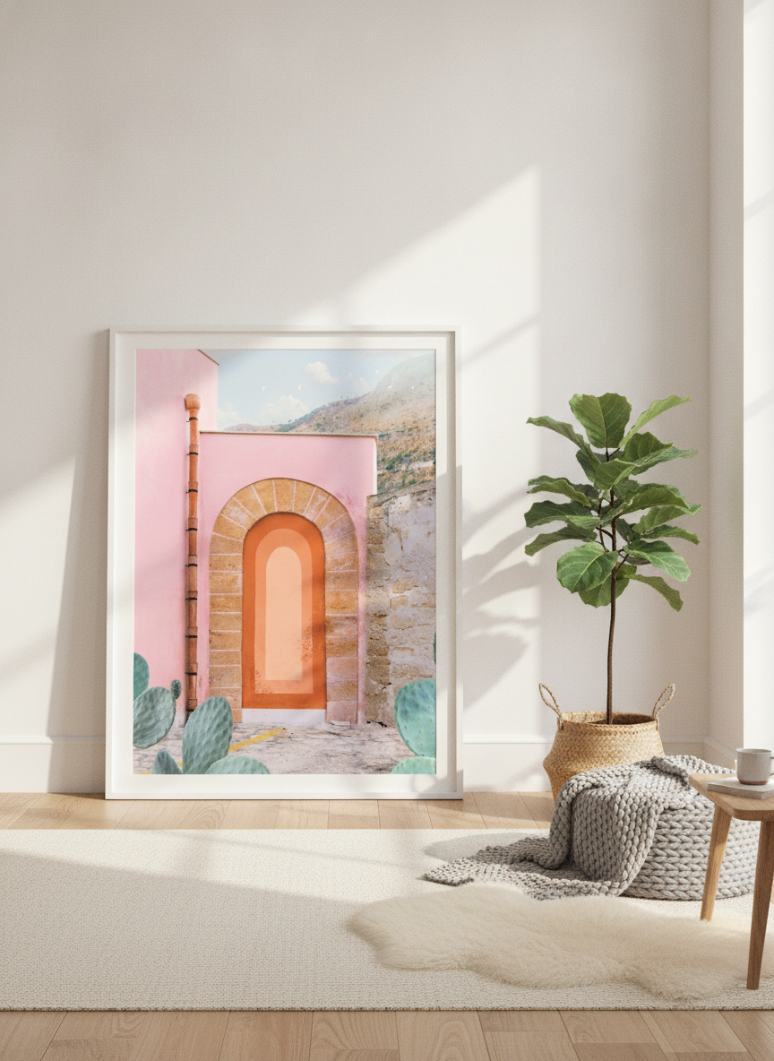 Oversized statement modern wall art print leaning against the wall in a bright Scandinavian living room