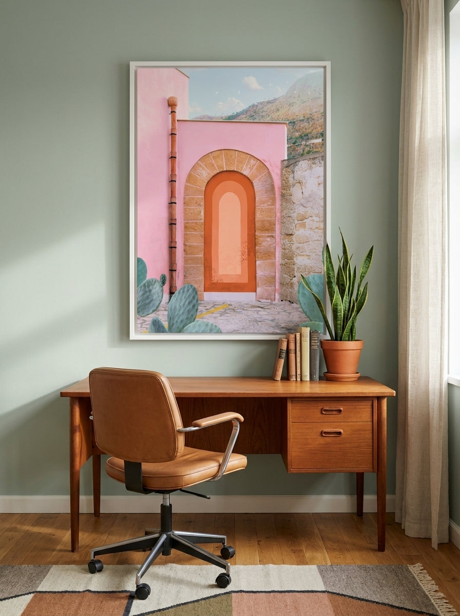 Canvas wall art with a white surround styled on the wall in a mid-century home office