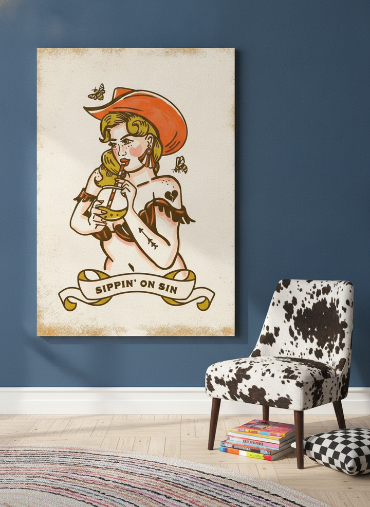 Stretched canvas wall art leaning against the wall in a colourful eclectic bedroom