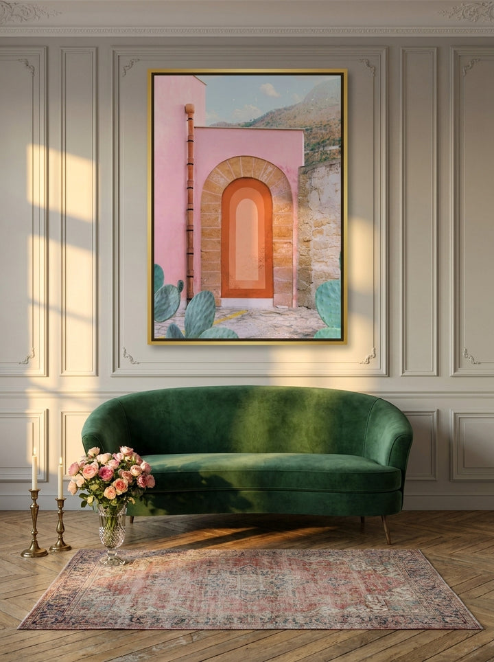 Oversized statement canvas wall art with a gold leaf surround styled on the wall in a Parisian living room