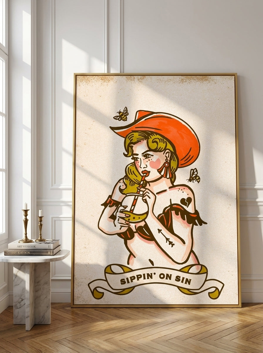 Oversized statement canvas wall art with a gold leaf surround leaning against the wall in a Parisian living room