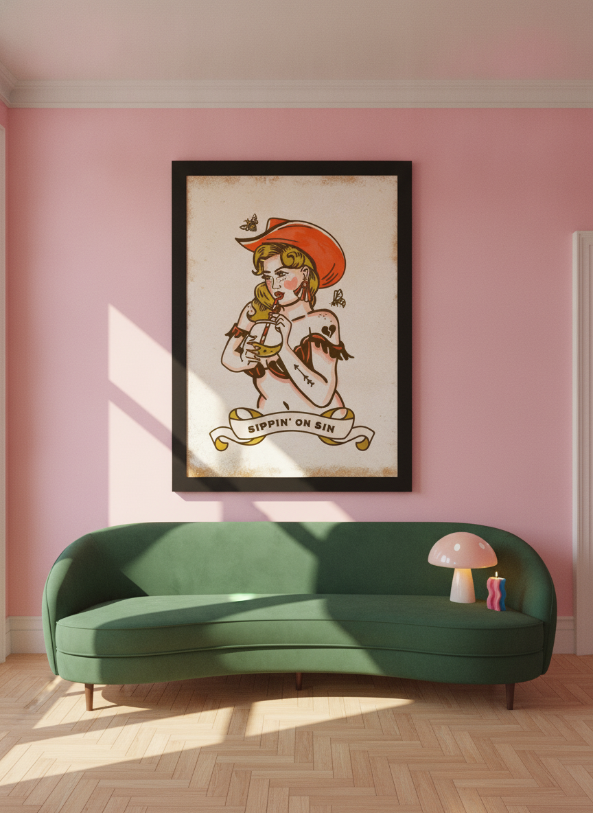 Oversized statement modern wall art print styled on the wall in a colourful eclectic living room