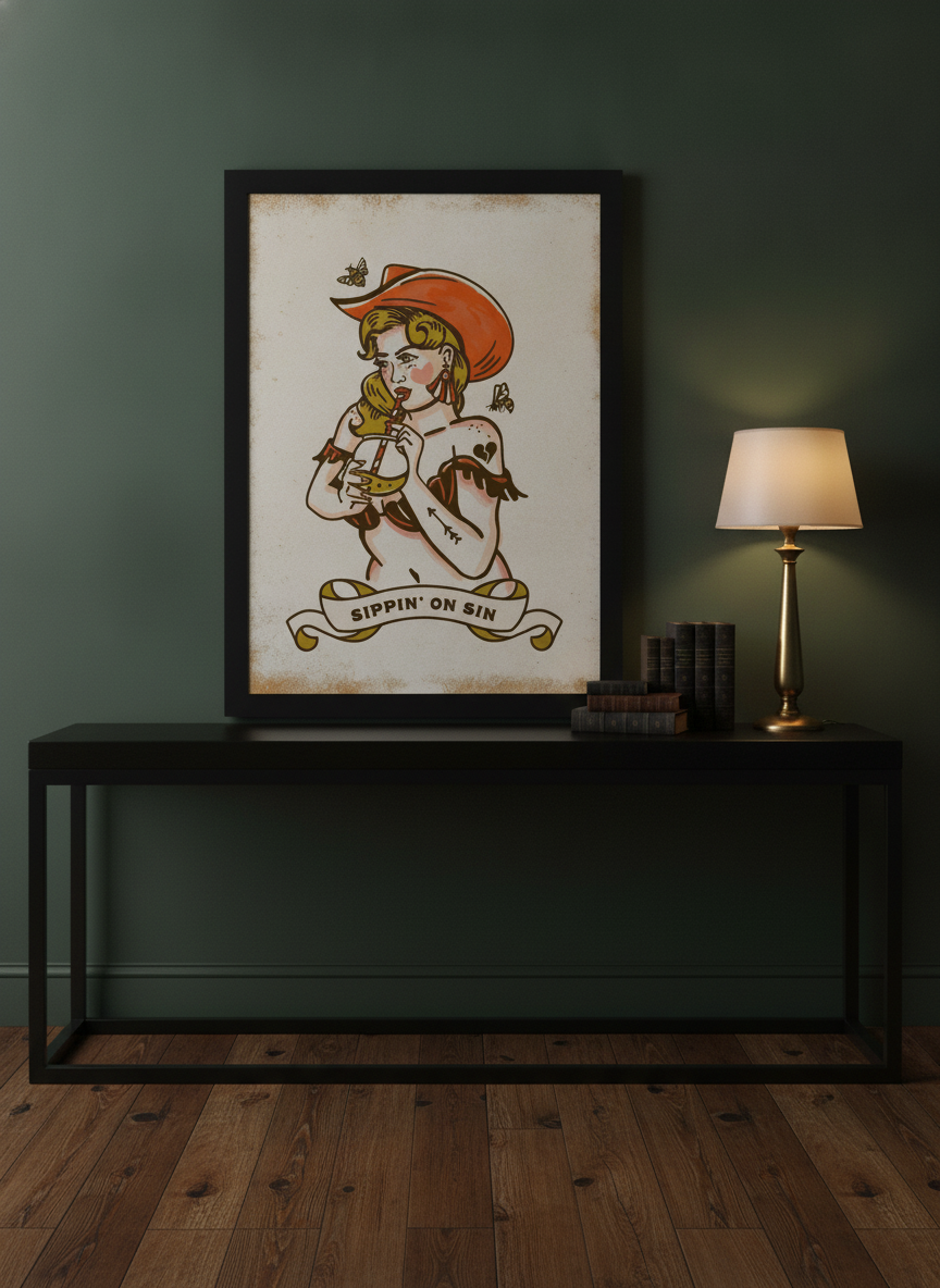 Modern wall art print standing on a console in a moody home office