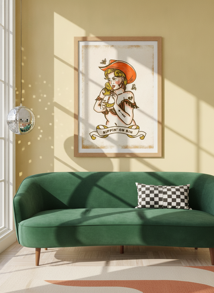 Modern wall art print styled on the wall in a colourful eclectic living room