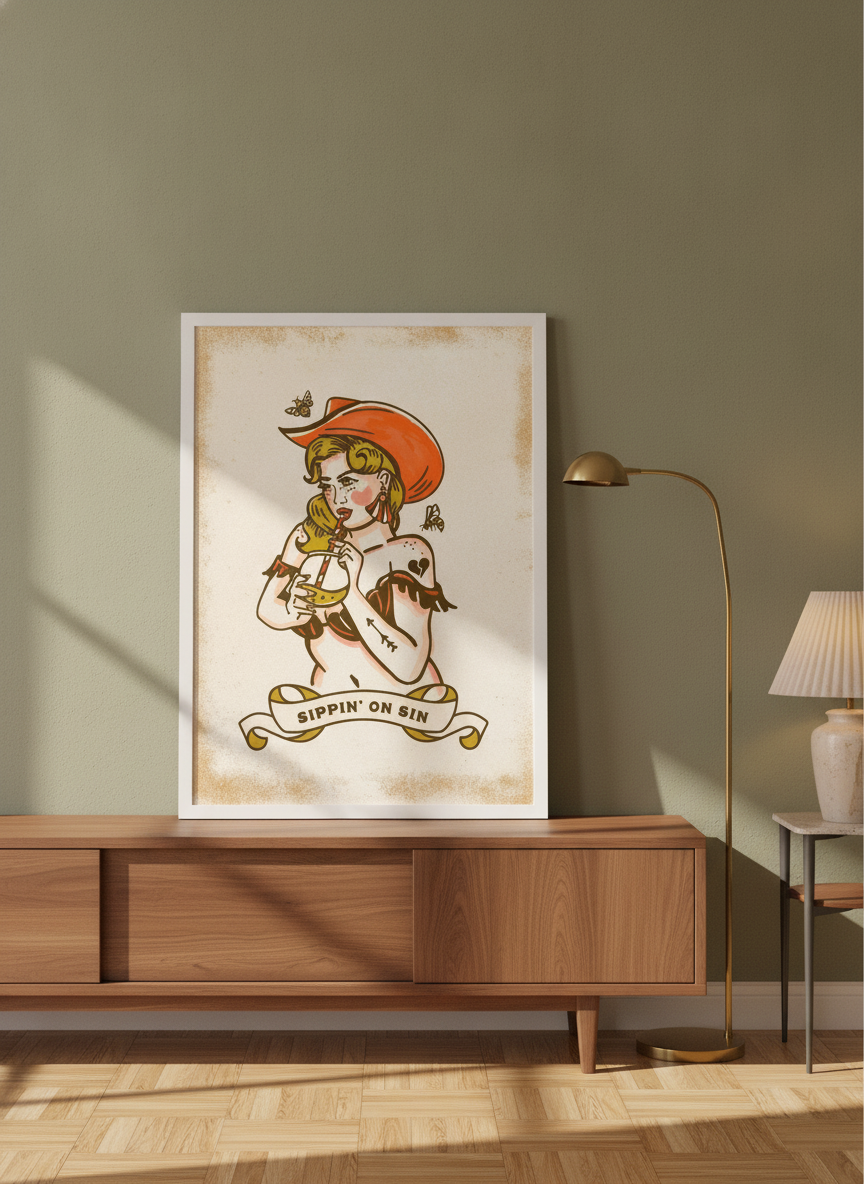 Modern wall art print standing on a sideboard in a mid-century living room