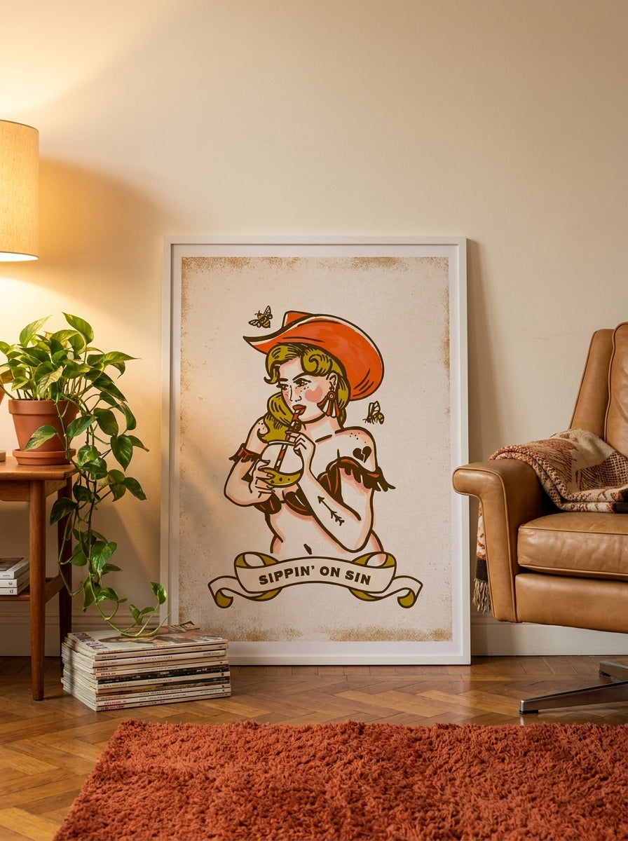 Modern wall art print leaning against the wall in a retro 70s bedroom