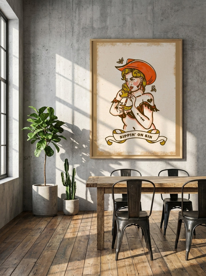 Oversized statement modern wall art print styled on the wall in an industrial loft dining room