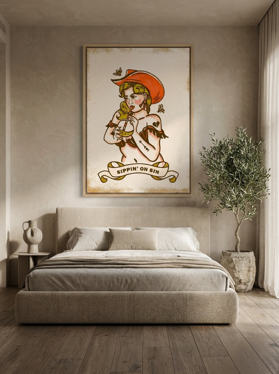 Canvas wall art with a natural timber surround styled on the wall in a luxe bedroom