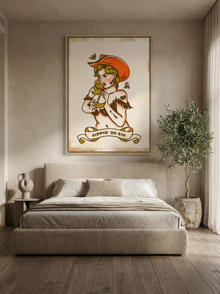 Canvas wall art with a natural timber surround styled on the wall in a luxe bedroom