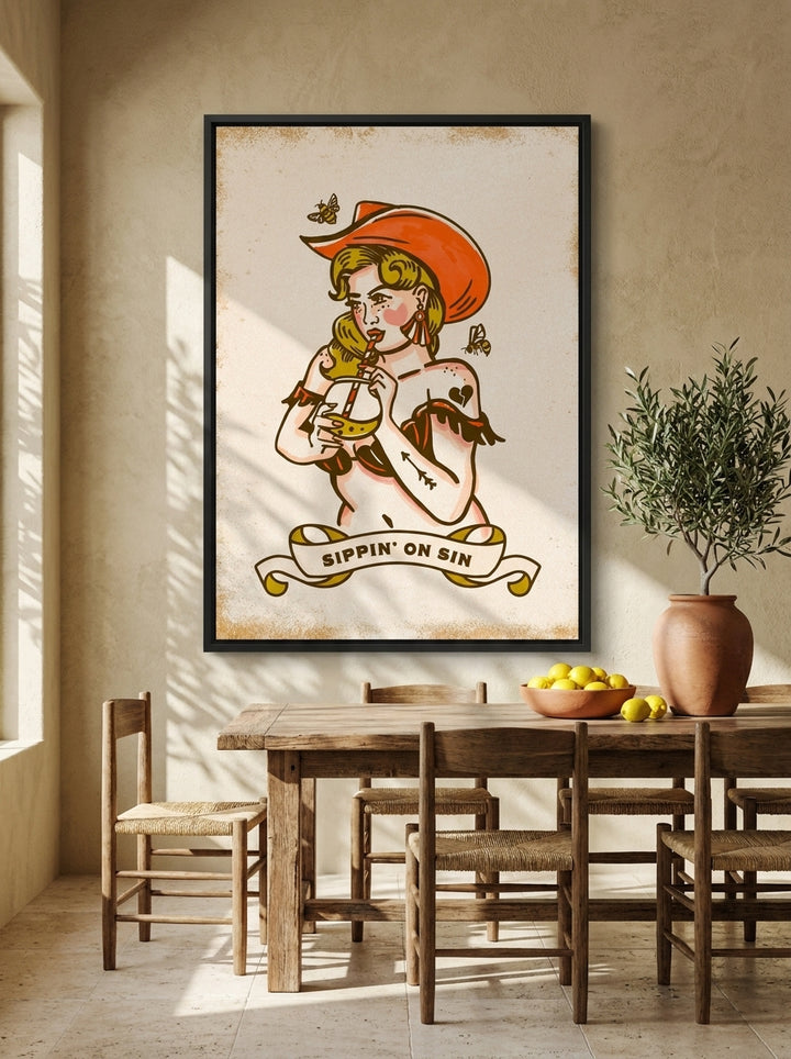 Oversized statement canvas wall art with a black surround styled on the wall in a Mediterranean dining room