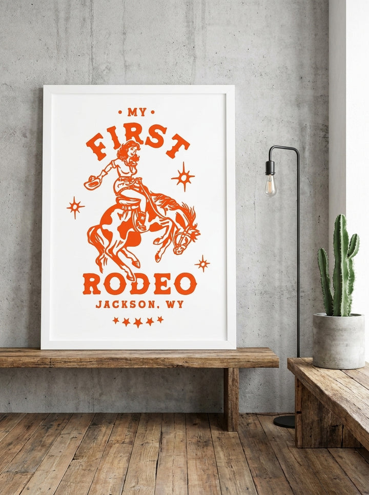 Modern wall art print standing on a bench in an industrial loft home office