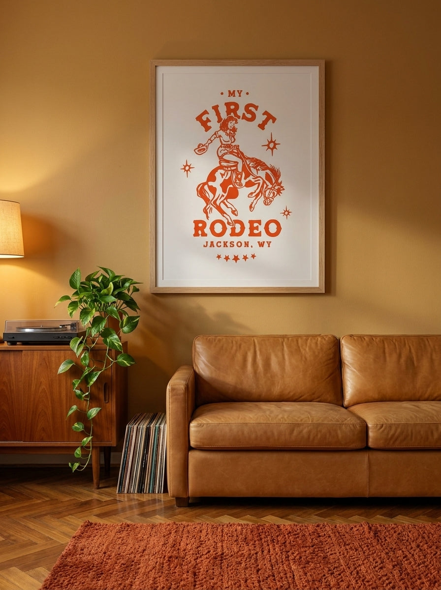 Modern wall art print styled on the wall in a retro 70s living room