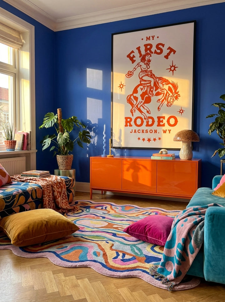 Oversized statement modern wall art print styled on the wall in a colourful eclectic living room