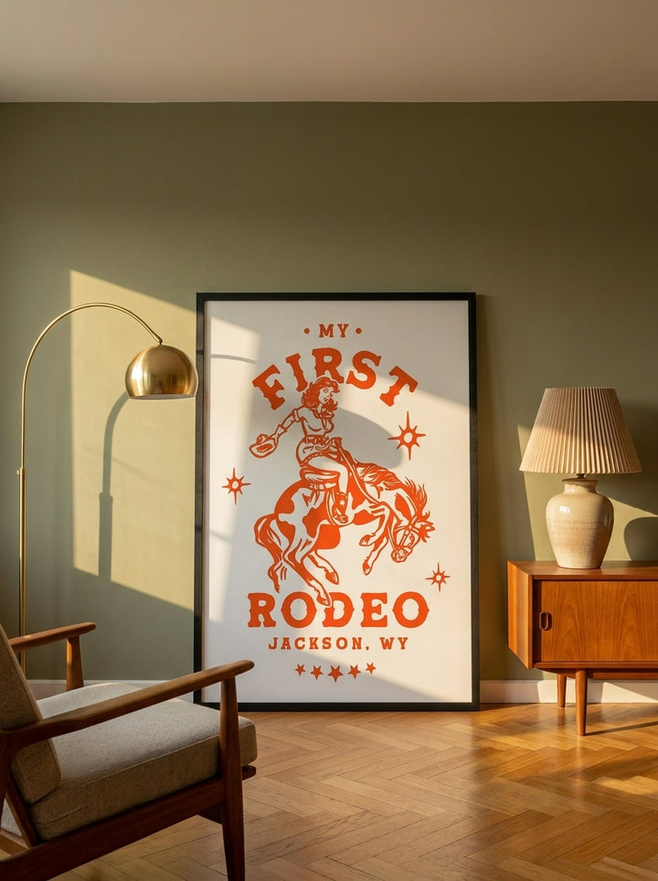 Oversized statement modern wall art print leaning against the wall in a mid-century living room