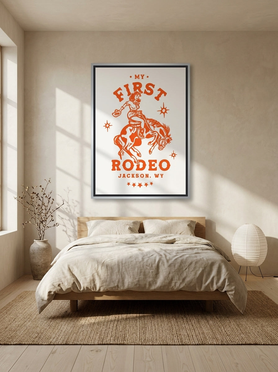 Canvas wall art with a silver leaf surround styled on the wall in a warm Japandi bedroom
