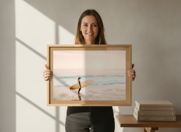 Person holding modern wall art print in a warm Japandi living room