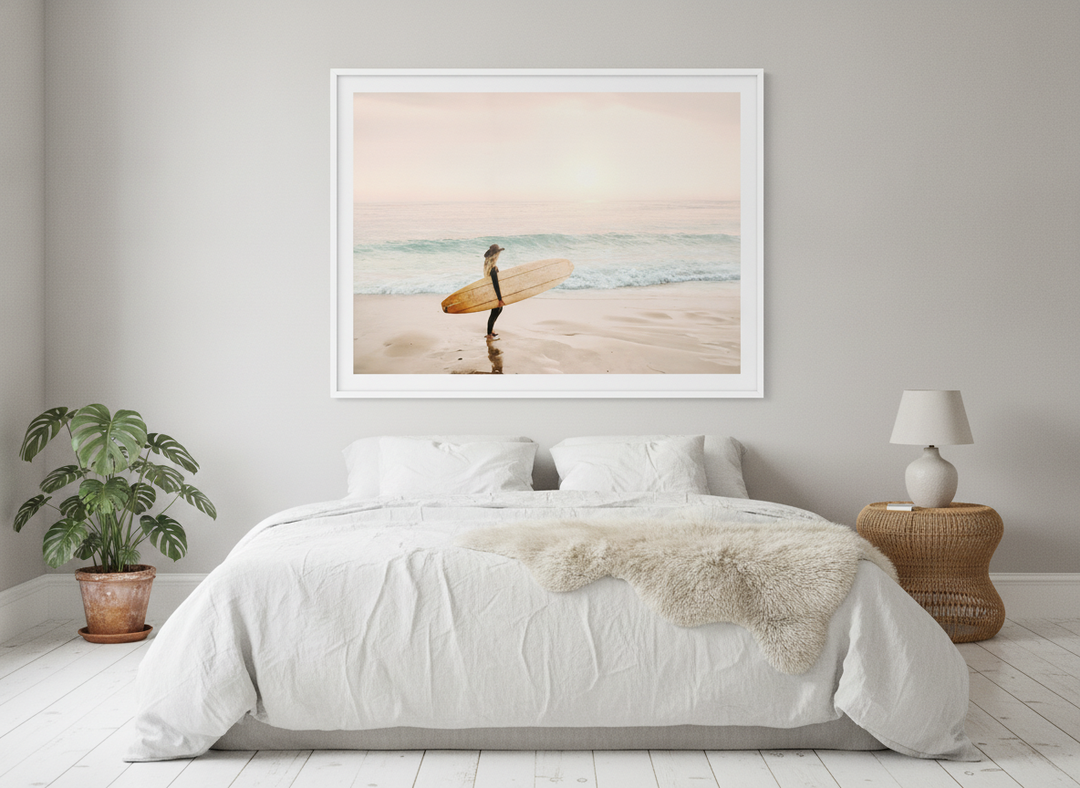 Modern wall art print styled on the wall in a bright Scandinavian bedroom