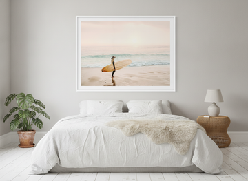 Modern wall art print styled on the wall in a bright Scandinavian bedroom