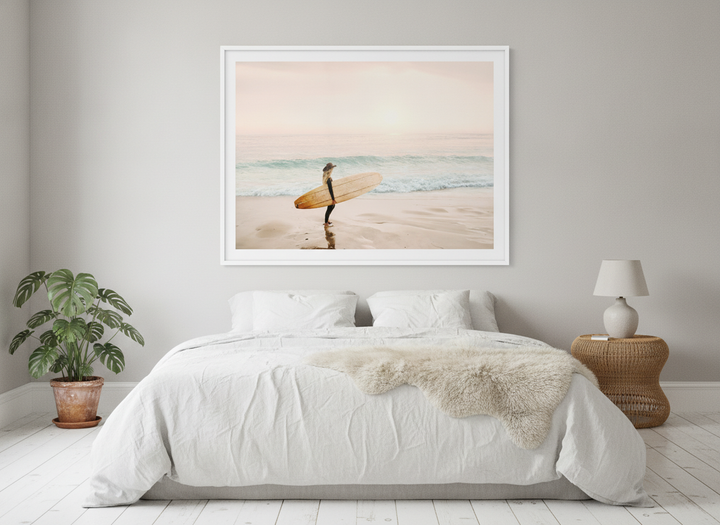 Modern wall art print styled on the wall in a bright Scandinavian bedroom