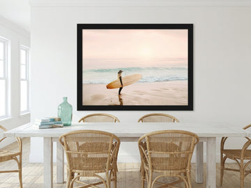 Oversized statement modern wall art print styled on the wall in a coastal dining room