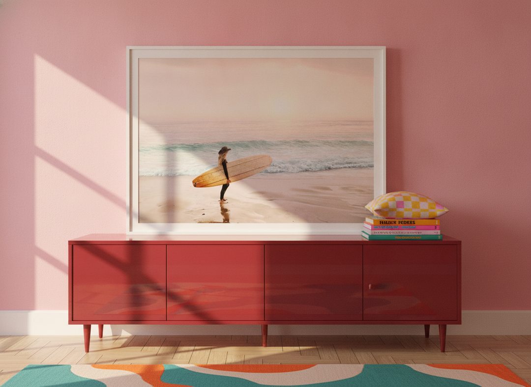 Modern wall art print standing on a sideboard in a colourful eclectic living room