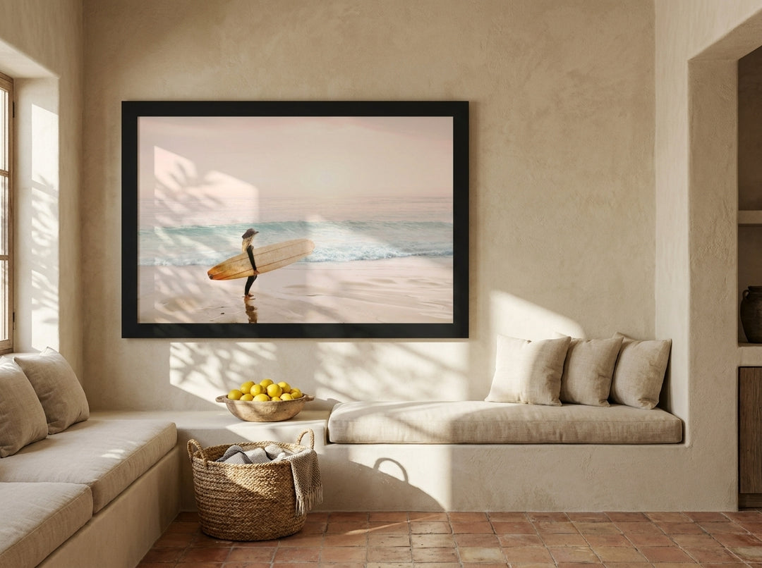 Oversized statement modern wall art print styled on the wall in a Mediterranean living room