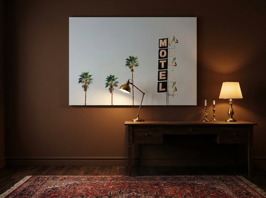 Stretched canvas wall art styled on the wall in a moody home office