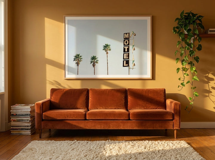 Modern wall art print styled on the wall in a retro 70s living room