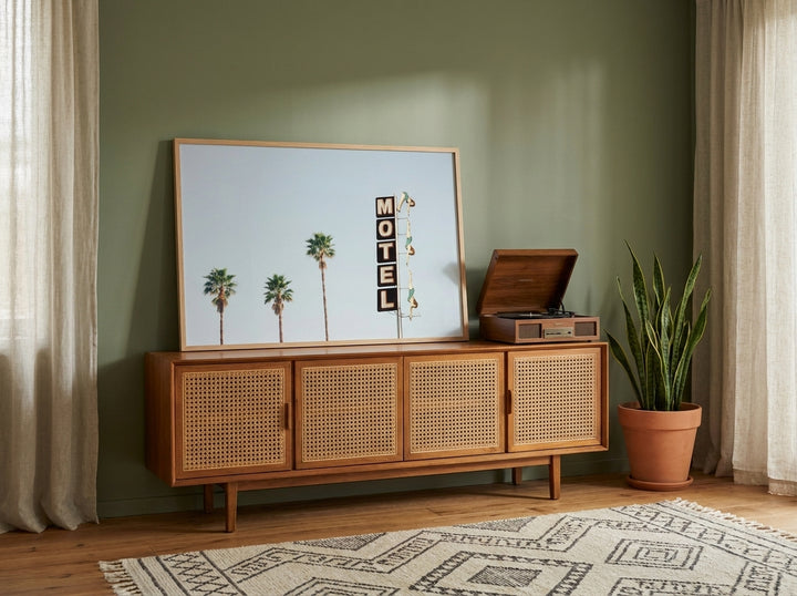 Modern wall art print standing on a sideboard in a mid-century bedroom