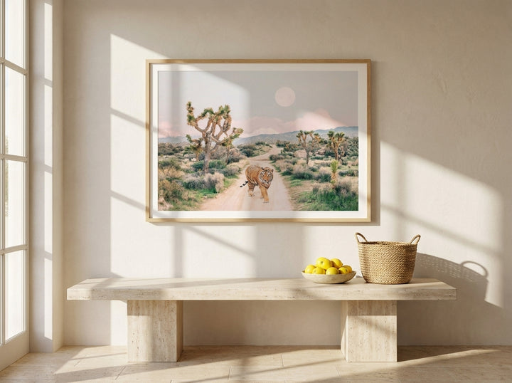 Modern wall art print styled on the wall in a Mediterranean living room