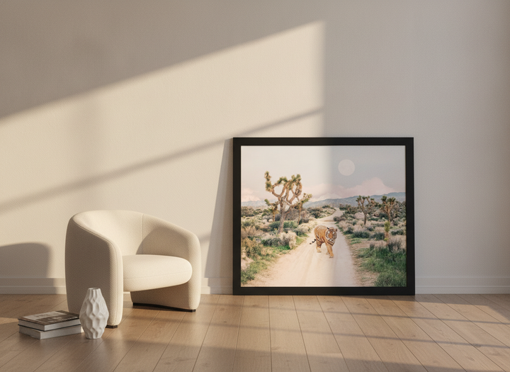 Modern wall art print leaning against the wall in a luxe dining room