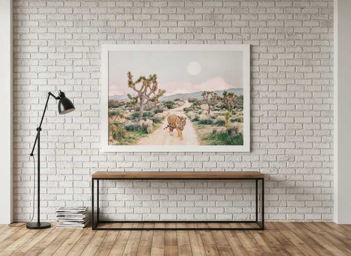 Oversized statement modern wall art print styled on the wall in an industrial loft living room